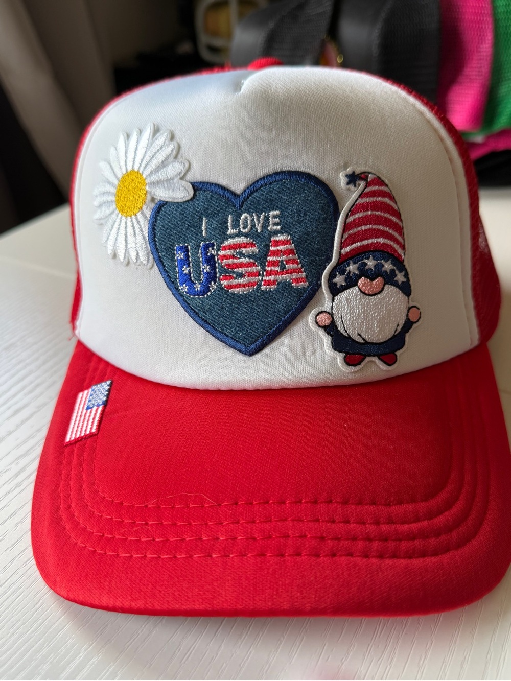 Red White Blue USA Gnome Trucker Patch Hat Foam Front Mesh Back OS